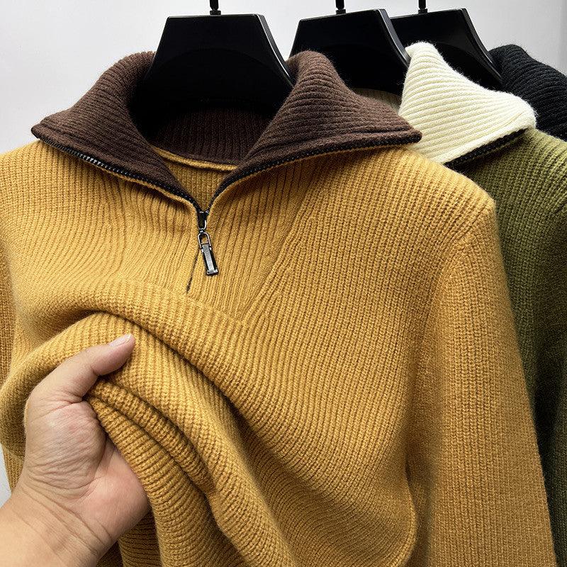 Mustard yellow ribbed knit sweater with high collar and half-zip, sleeve cuff detail