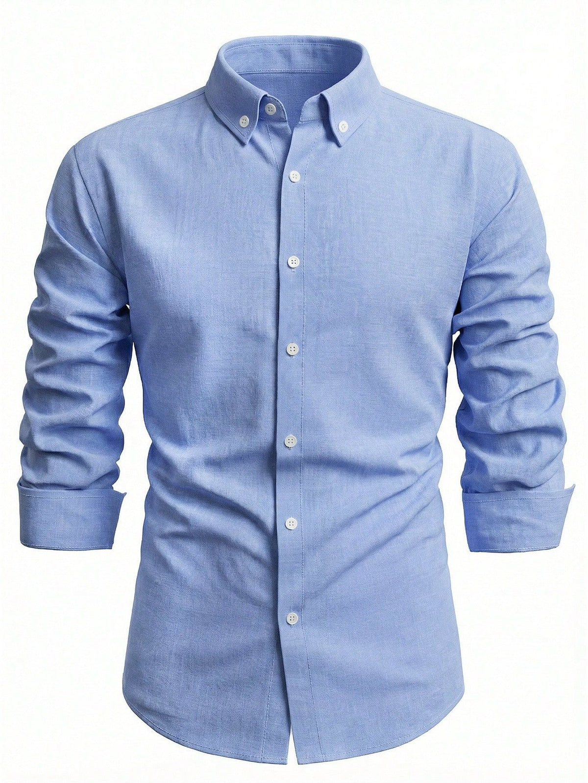 Blue long-sleeve button-up shirt with button front and collar