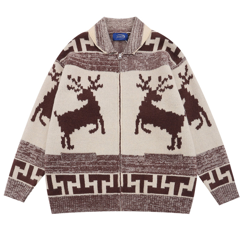 Retro Elk Jacquard Lapel Cardigan Sweater - WOMONA.COM