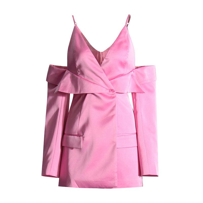 Pink off-the-shoulder mini dress with draped neckline and overlapping front layers