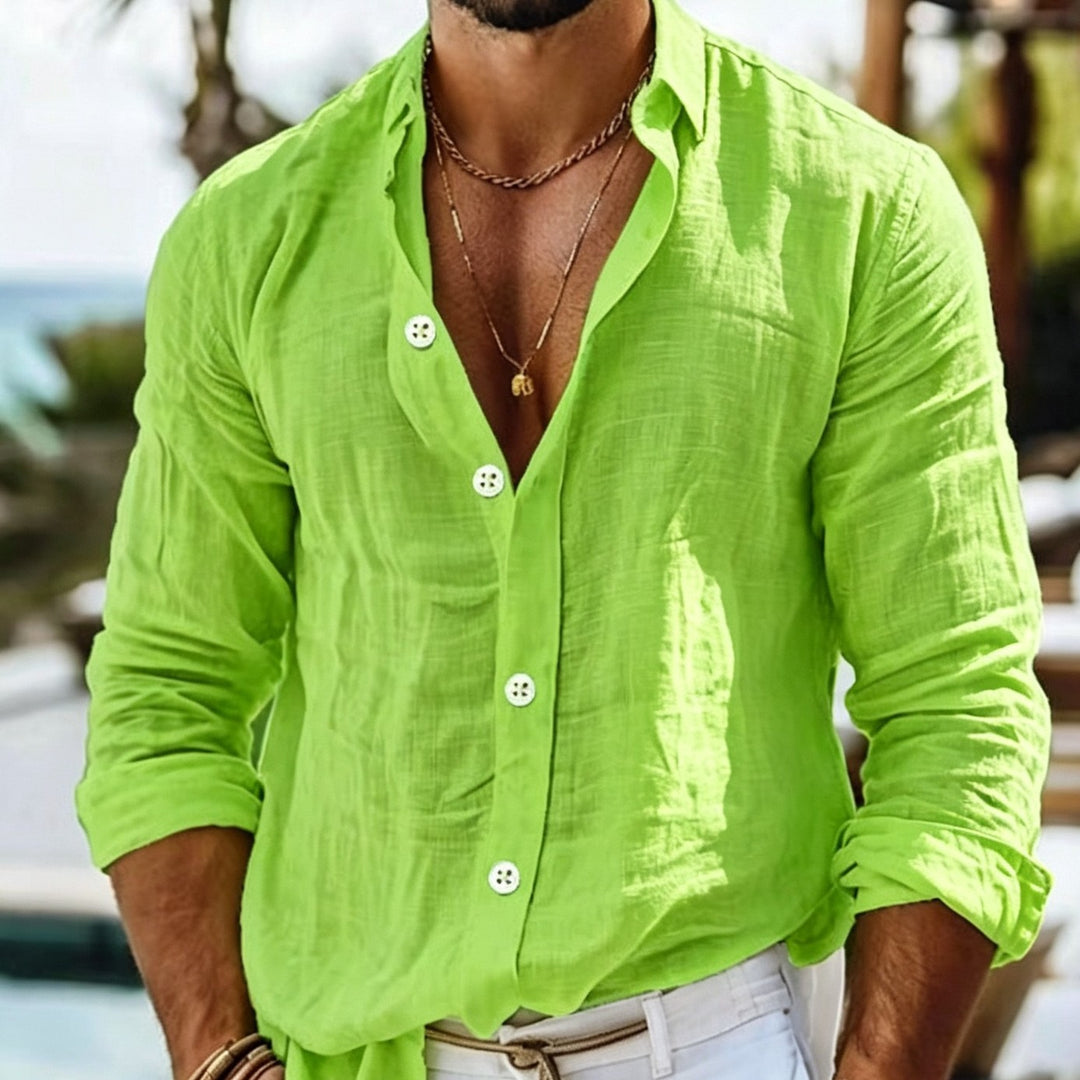 Light green long-sleeve button-up shirt with notch collar and four front buttons