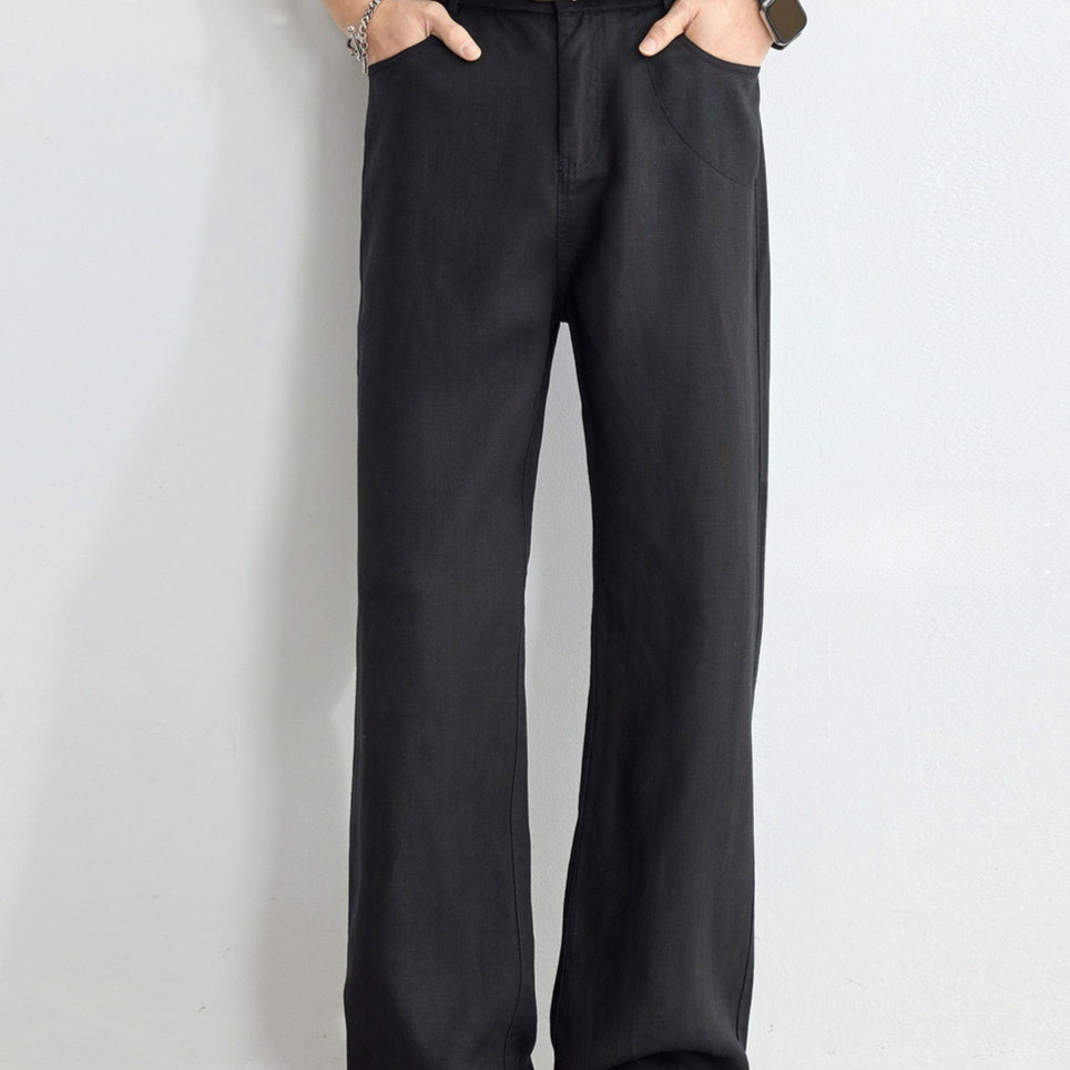 Black straight-leg linen blend pants with button closure and front pockets