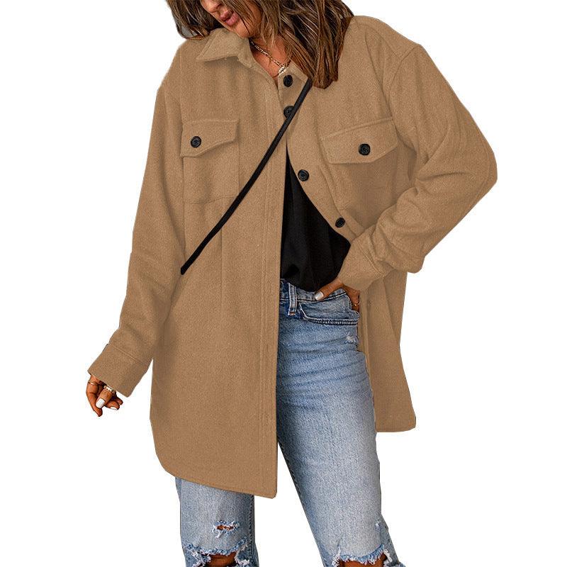 Khaki woolen lapel jacket with button front, chest flap pockets, and long sleeves