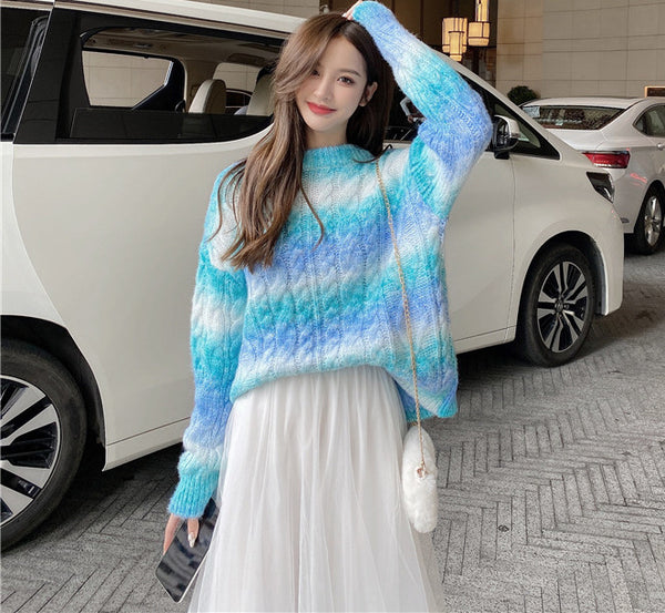 Round Neck Gradient Rainbow Slim-fit Sweater - WOMONA.COM