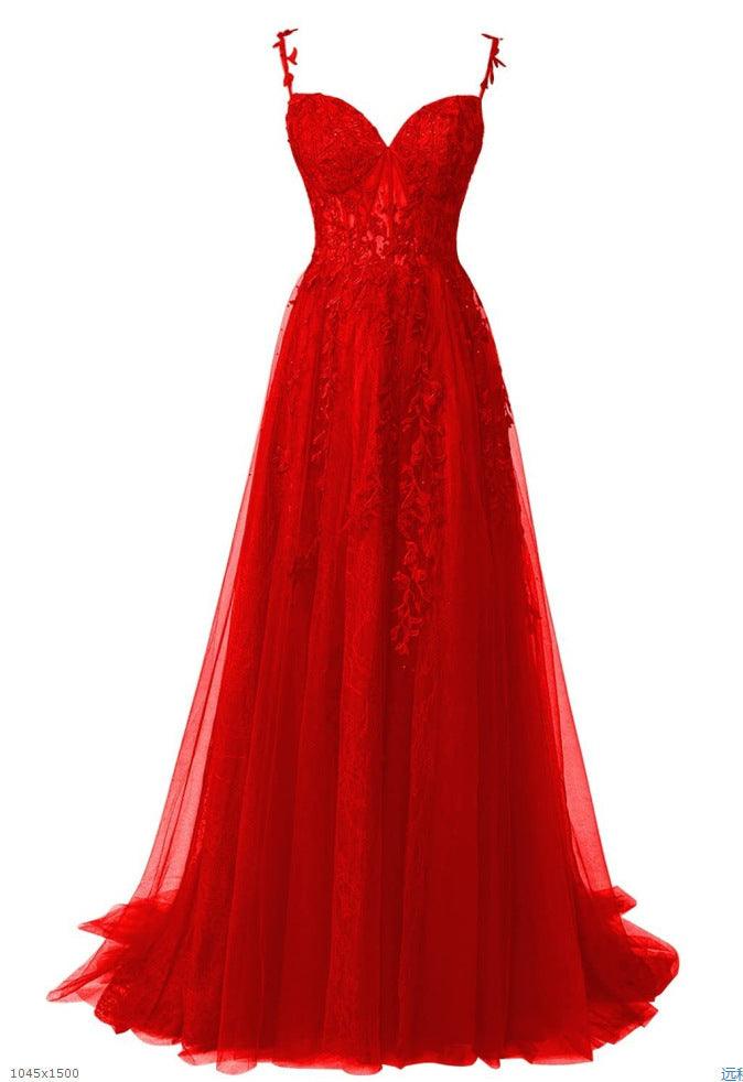 Bright red lace evening dress with sweetheart neckline and full tulle skirt