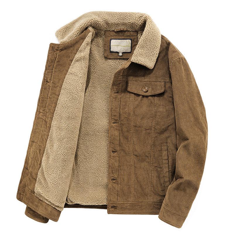 Men's corduroy coat in brown with sherpa-lined collar, button front, and two chest pockets