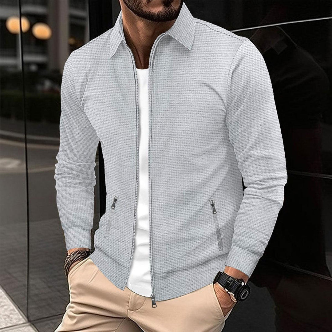 Men's slim-fit zip-front cardigan jacket with lapels, light gray, zipper pockets