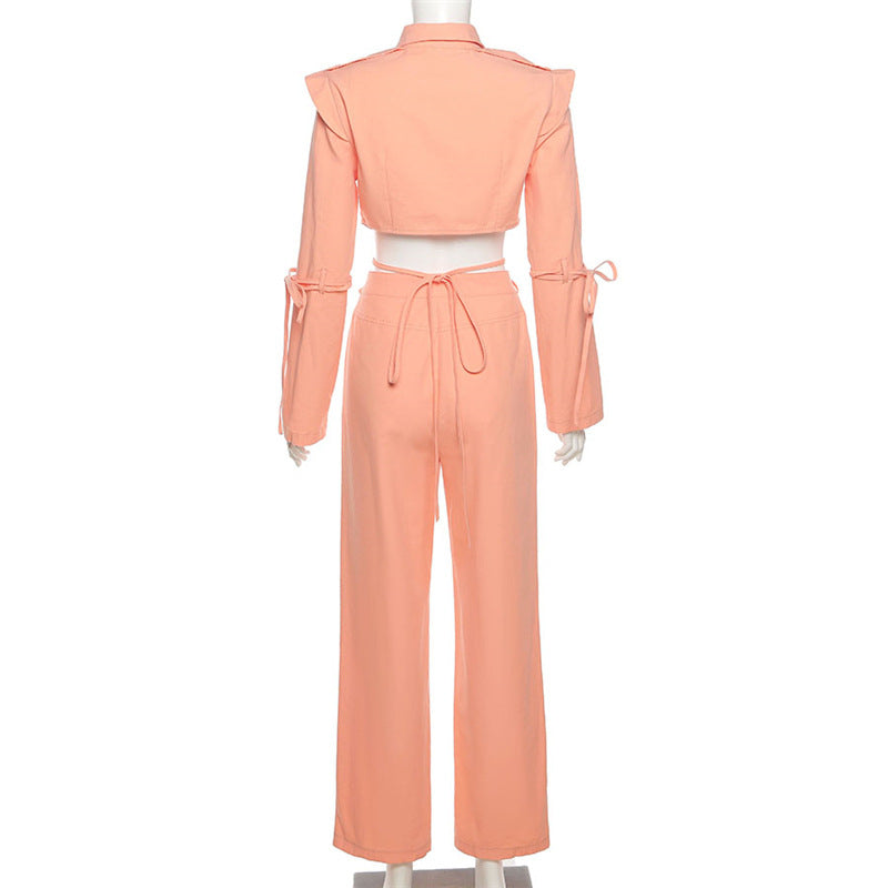 Single-breasted Short High-waist Straight-leg Pants Suit Women - WOMONA.COM