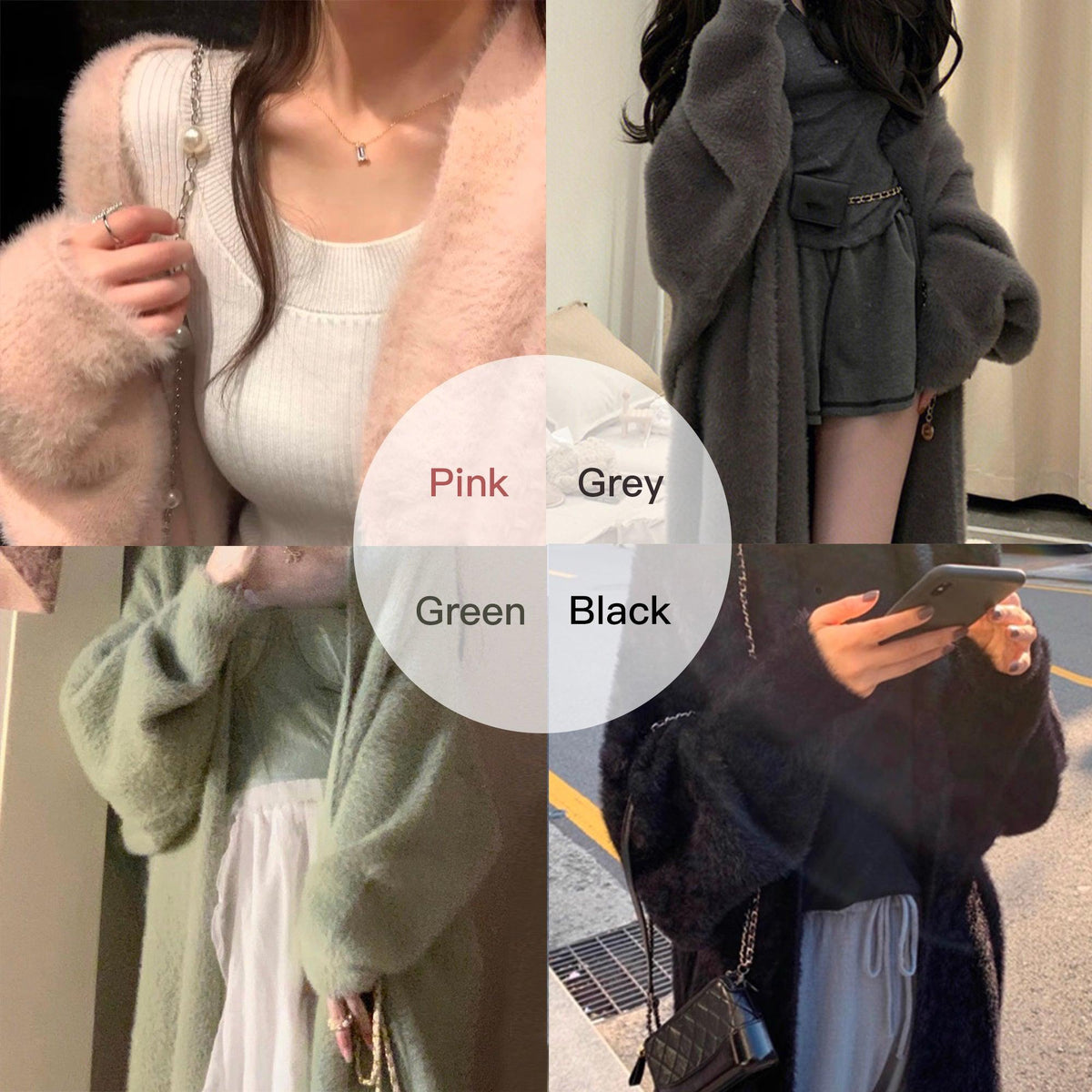 Women's hooded faux fur cardigan coat color options: pink, grey, green, black