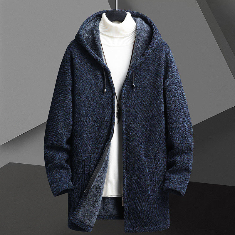Men’s dark blue fleece-lined hooded zip-up sweater cardigan with mid-length cut.