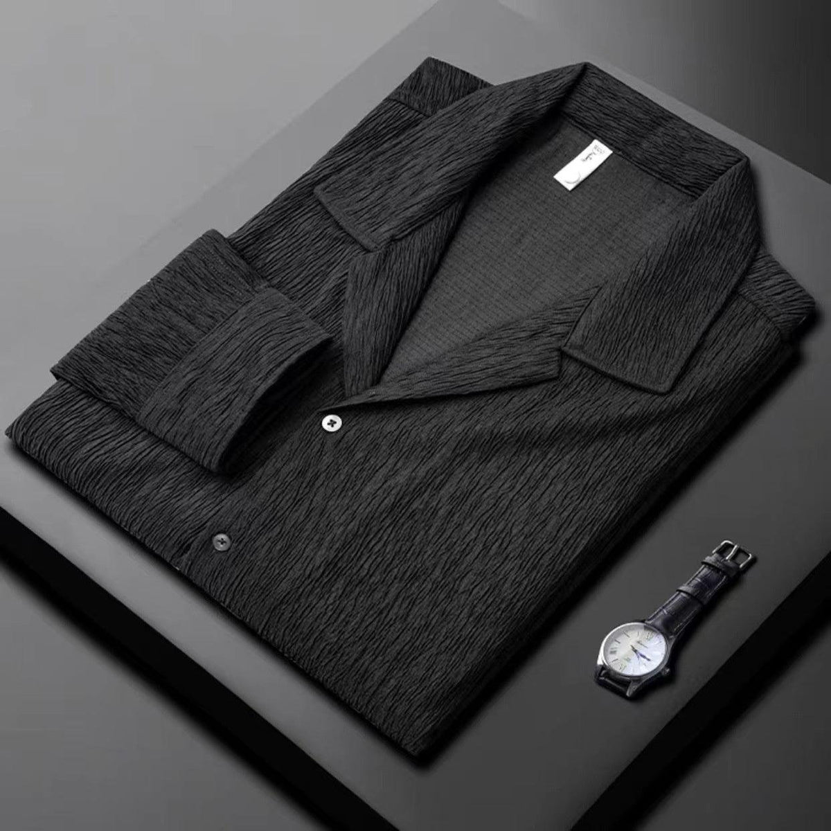 Men’s Cuban collar pleated shirt, black textured fabric folded with buttons and cuffs