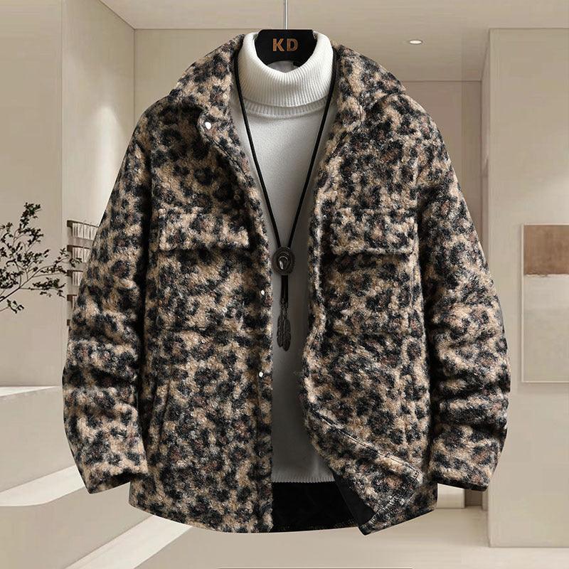 Men's fleece padded jacket with leopard print, full-zip front and stand collar