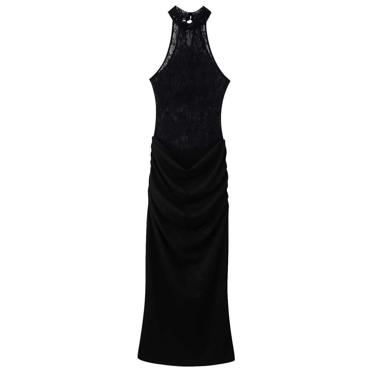 Black halter long dress, lace-mesh bodice and ruched drape knit skirt