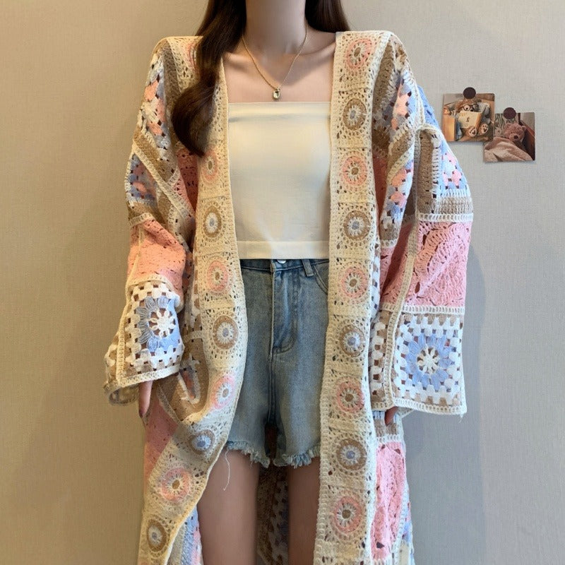 Crocheted patchwork hollow-out cardigan/coat with circular motifs, multicolor sleeves