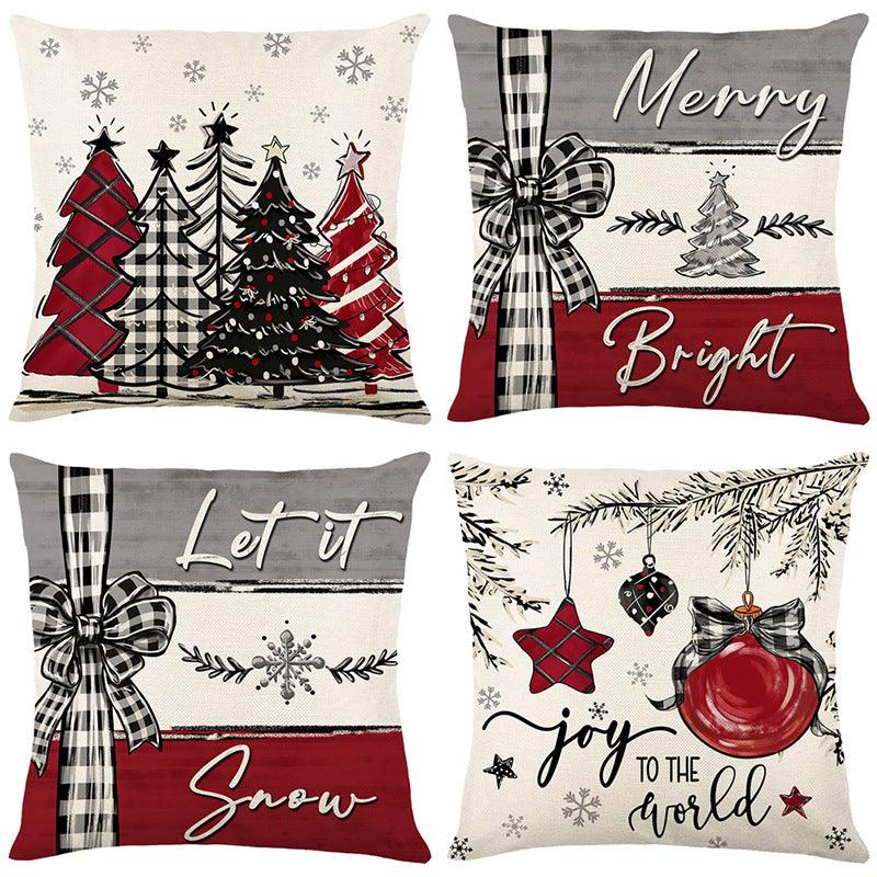 Assorted Christmas pillow covers: Merry Bright, Let it Snow, Joy to the World, tree