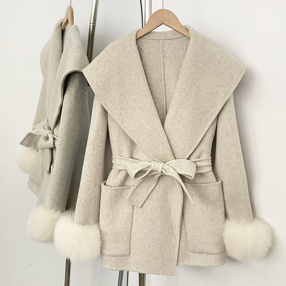 Women's Fox-Fur Cuff Double-Faced Wool Coat