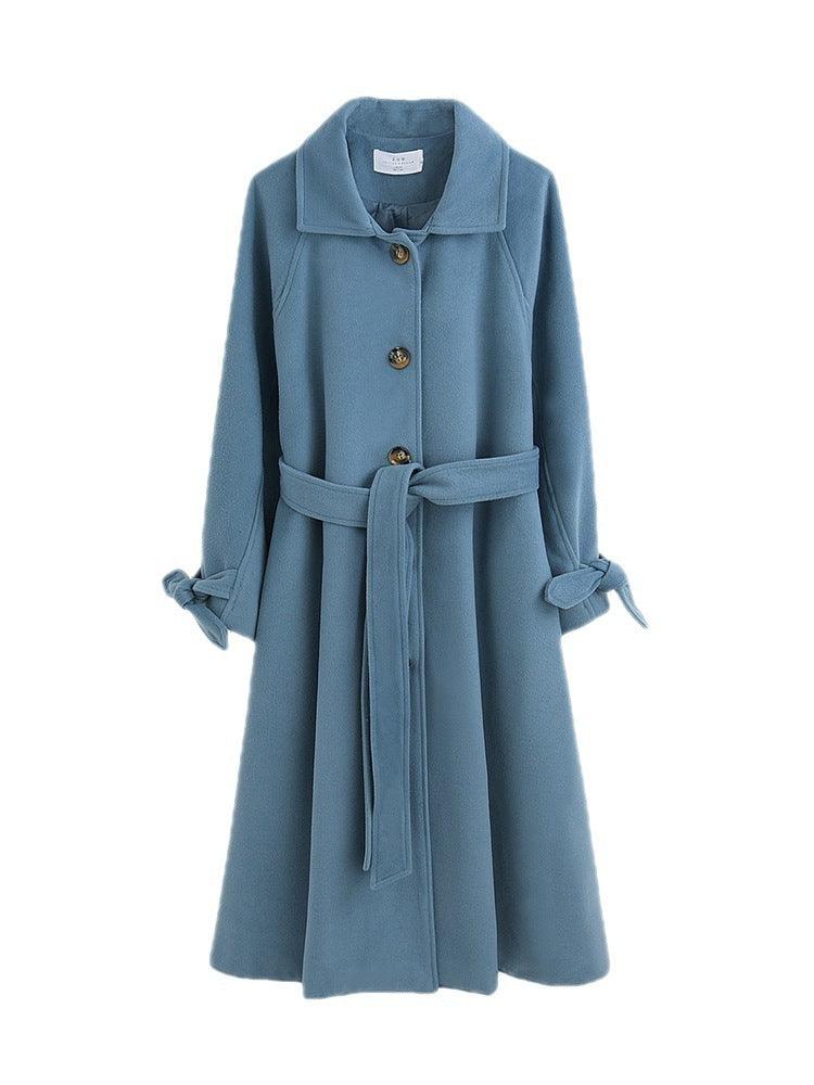 Women's haze blue wool coat, single-breasted with belt tie at waist