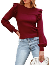 Ruffled Shoulder Long Sleeve Round Neck Slim Rib Knitted Sweater - WOMONA.COM