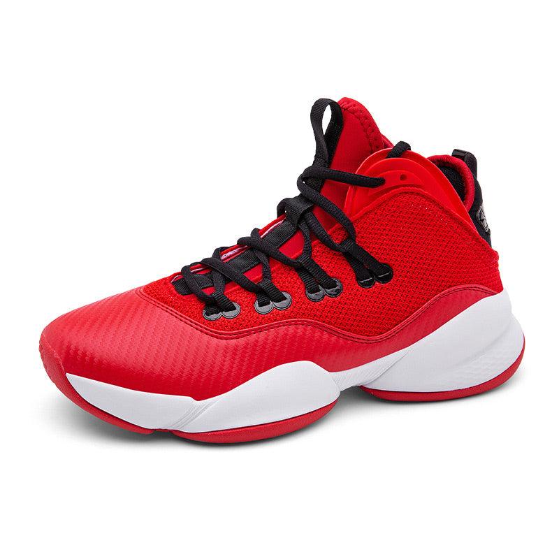 Men's high-top basketball shoe in red with black laces and white sole