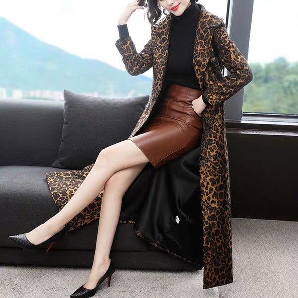 Women's Fashion Knee Long Jacket In Leopard Print