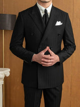 Man Versatile Black Striped Double Breasted Suit