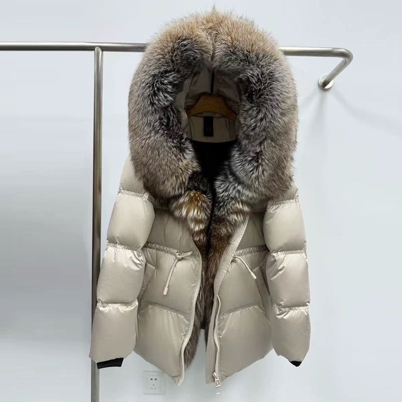 Padded fur-trim coat, cream quilted puffer with beige faux fur hood