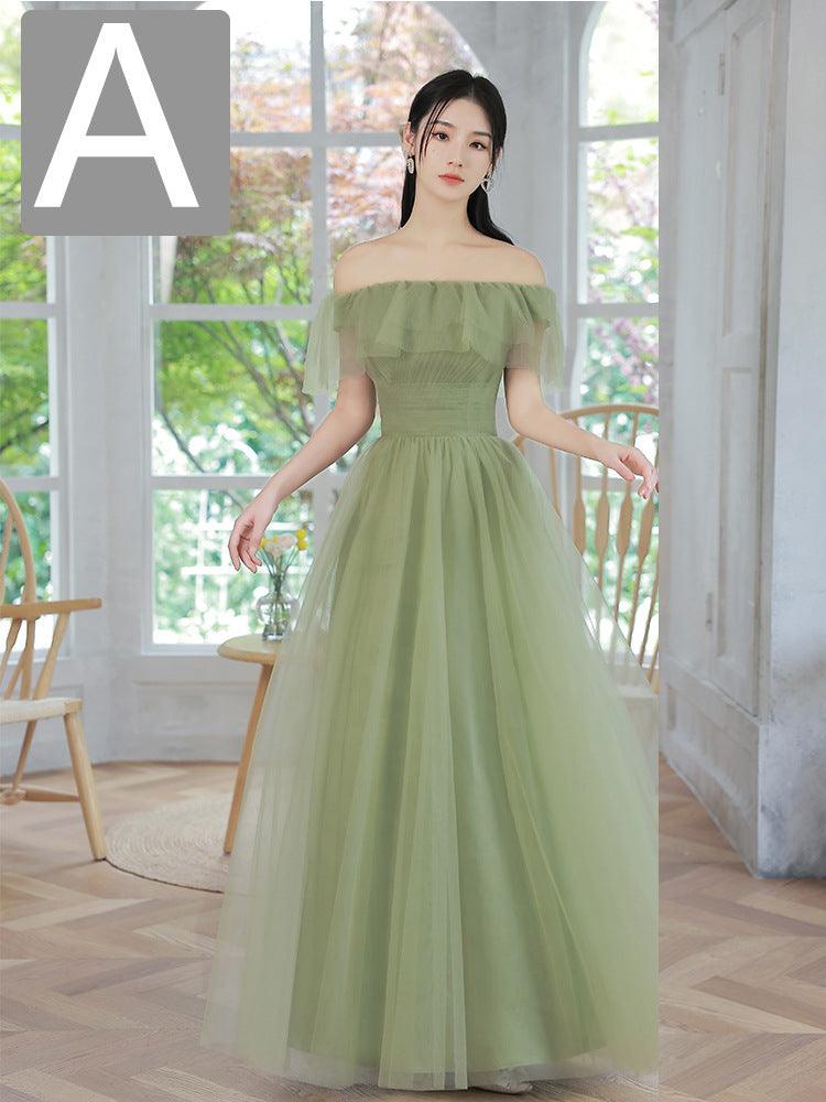 Women’s long fruit-green off-shoulder maxi dress with gathered waist and layered tulle