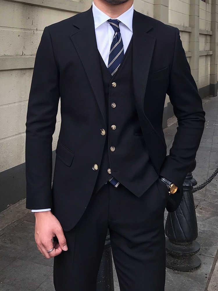 Men's slim-fit three-piece suit in dark black, with vest and striped tie