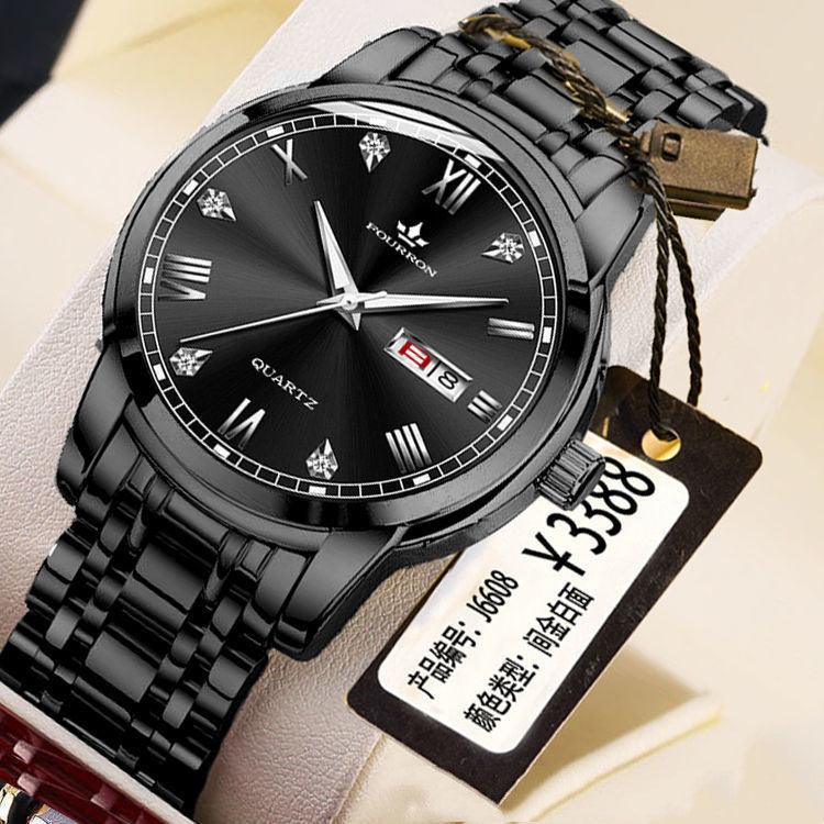 Men’s quartz wristwatch with black stainless strap and black dial, day/date window