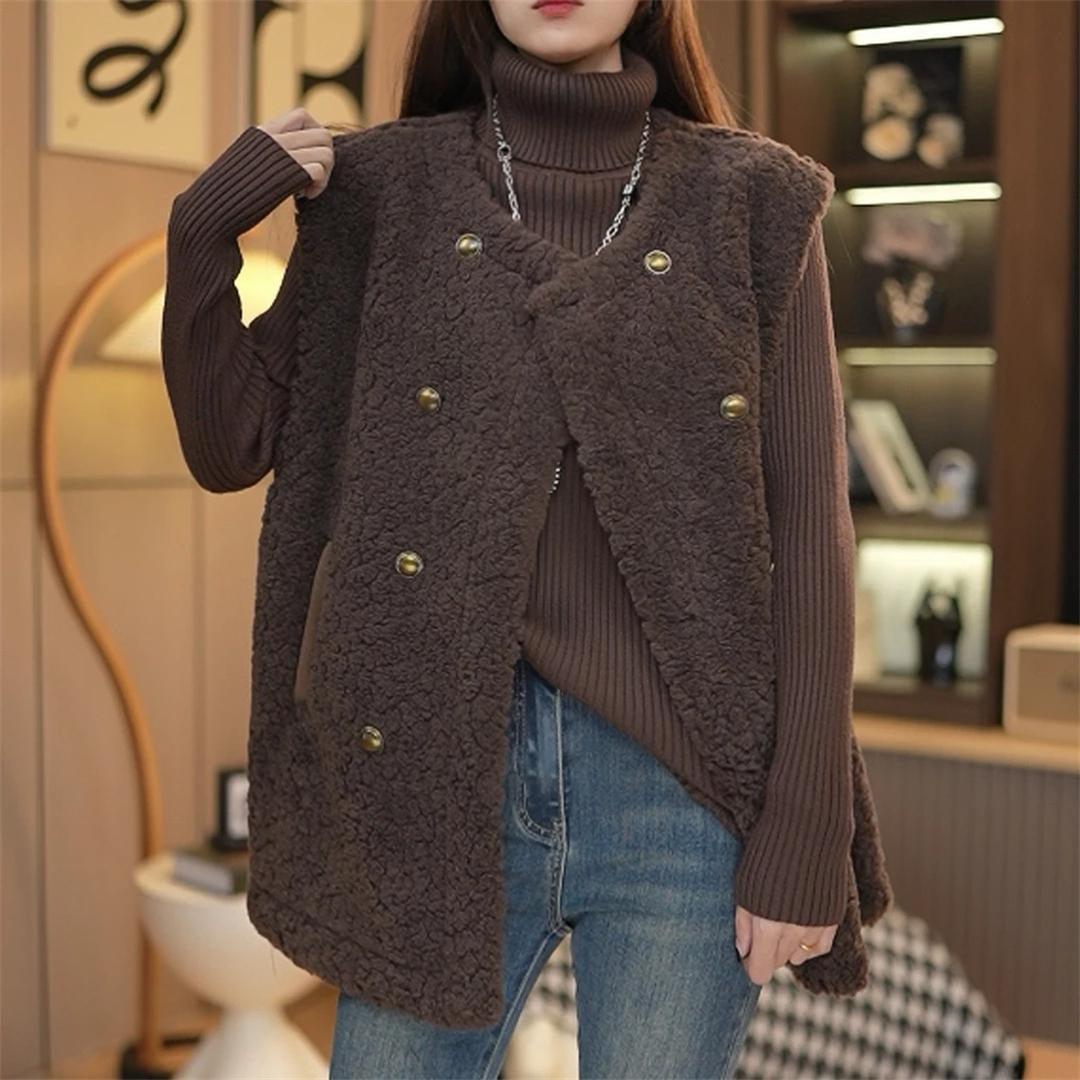 Dark brown fleece lamb wool waistcoat with gold button front and V-split hem