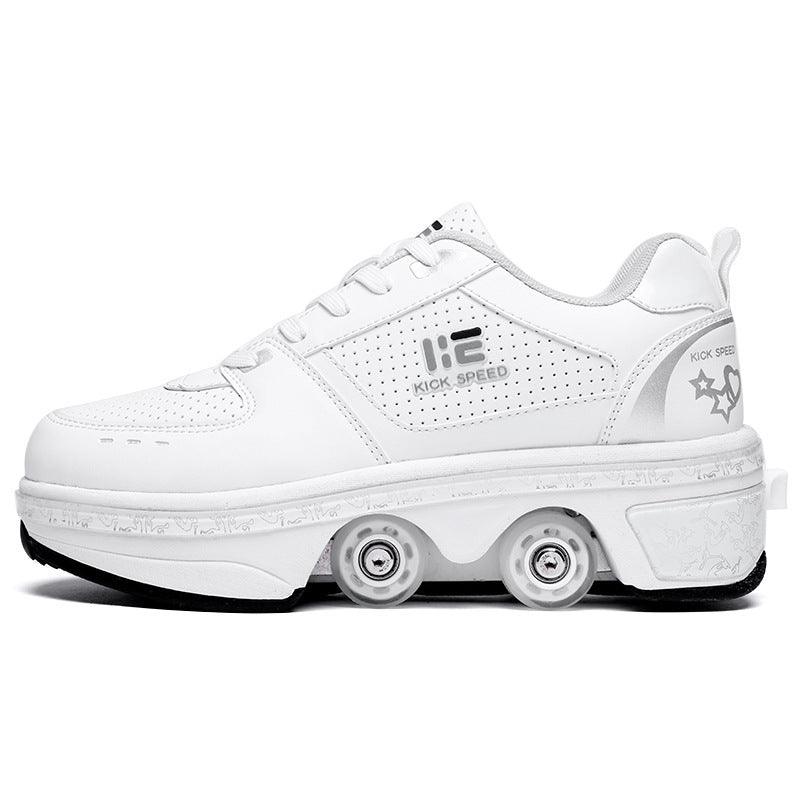 Women’s four-wheel Heelys dual-use skates, white low-top sneaker with four inline wheels