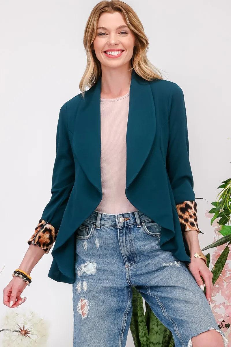 Women's hunter green open-front blazer with leopard print rolled cuffs