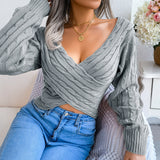 Cross V-neck Twist Long Sleeves Cropped Sweaters - WOMONA.COM