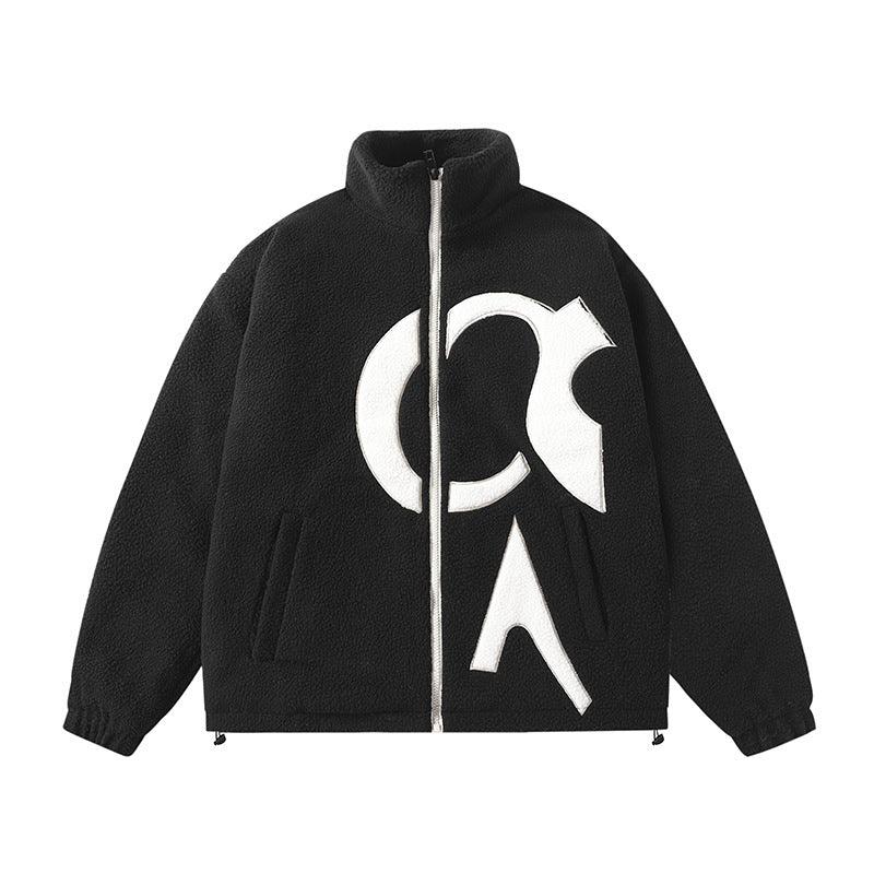 Men's black fleece coat with full-zip front, high collar, and large white logo