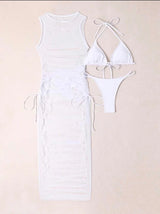 Pure Color Bikini Personality Empty Dress Three Piece Swimsuit - WOMONA.COM