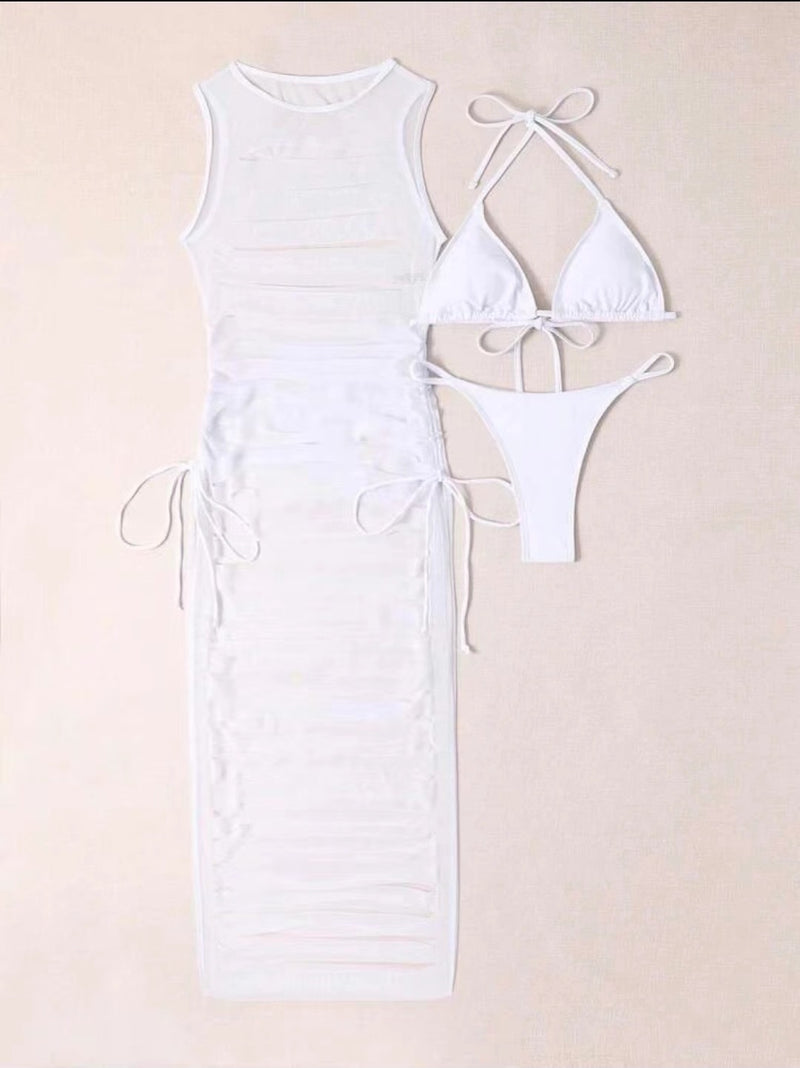 Pure Color Bikini Personality Empty Dress Three Piece Swimsuit - WOMONA.COM