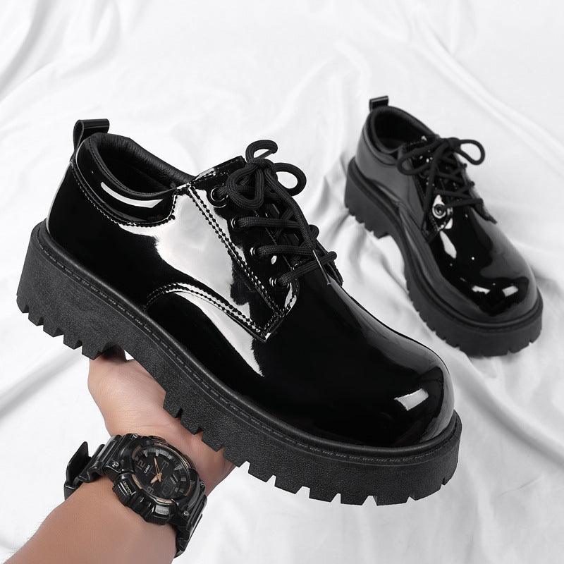 Men's black leather lace-up formal shoes with glossy finish and lug platform sole