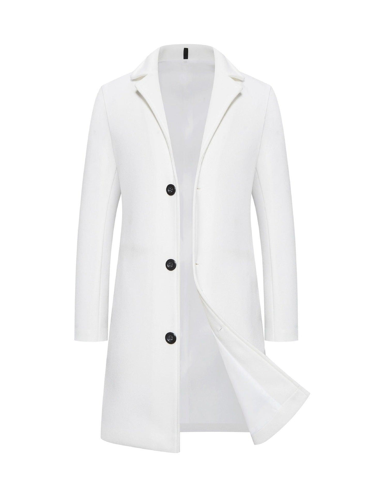 Men's mid-length slim-fit coat, white with notched lapels and button front