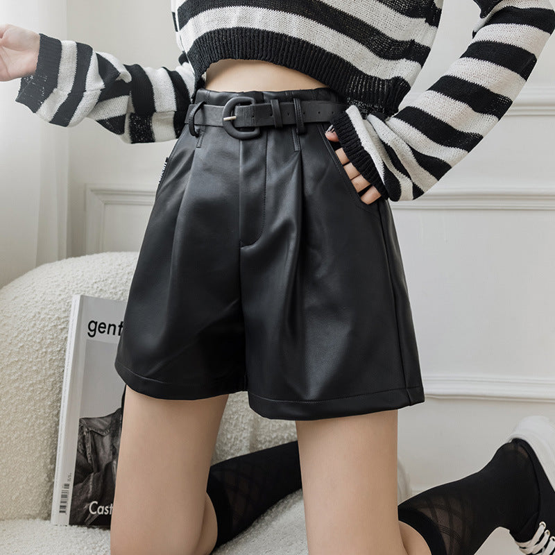 Wide Leg A-line PU Outer Wear With Belt Leather Shorts For Women - WOMONA.COM