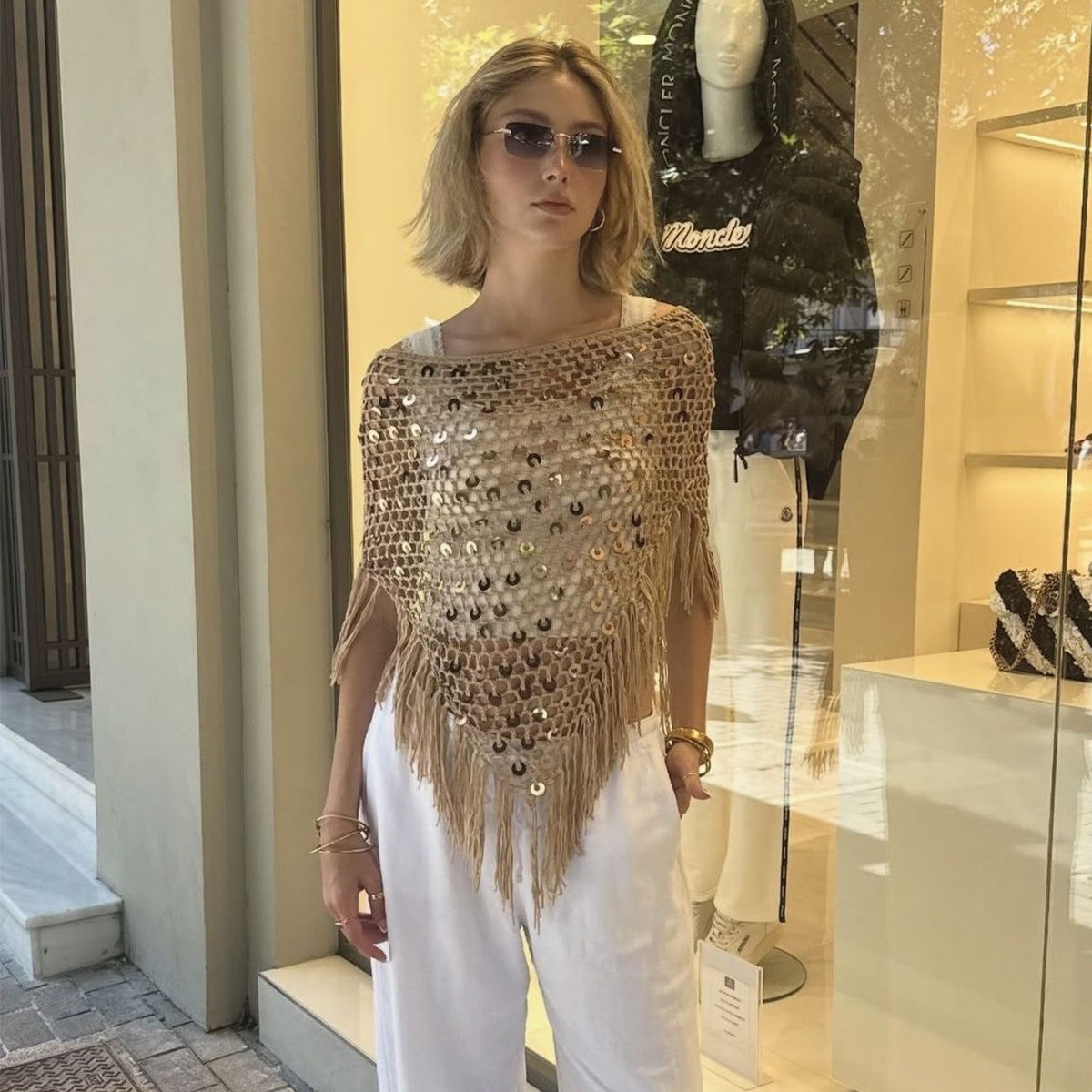 Gold-beige crochet sequin tassel triangle cape-style shawl with long fringe