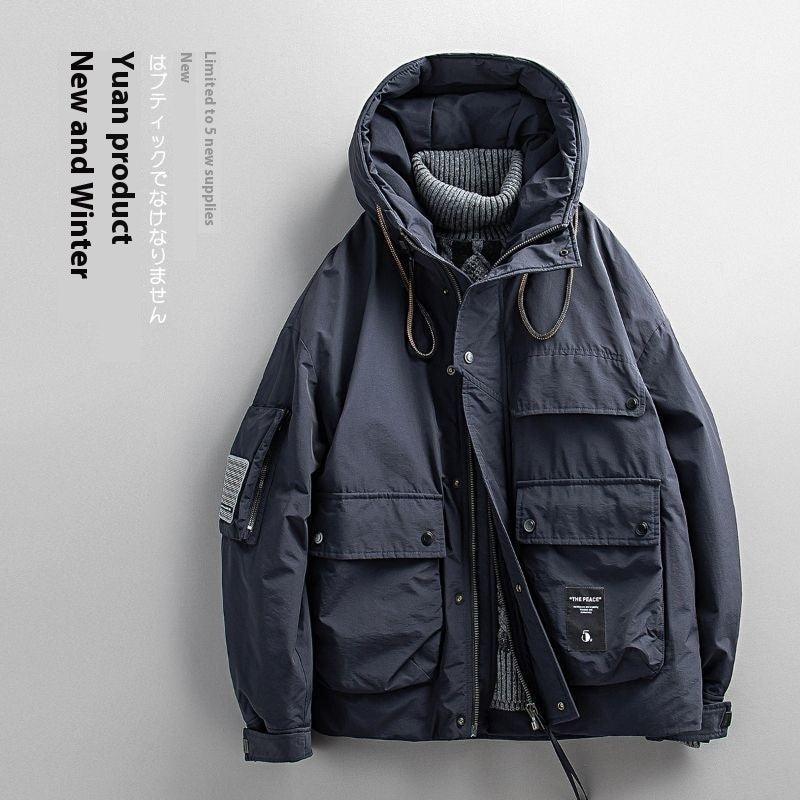 Loose cotton jacket, dark navy hood with knit lining, drawstring, multi-pocket design