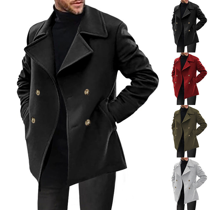 Men's black mid-length double-breasted coat with notched lapels and gold buttons