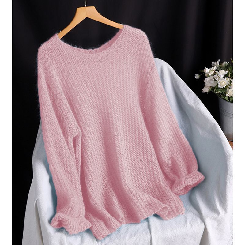 Dusty pink hollow-knit pullover sweater top, crew neck, long sleeves, ribbed hem.