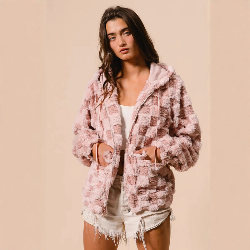 Frauen Plaid Zipper Cardigan Hoodie Plüsch