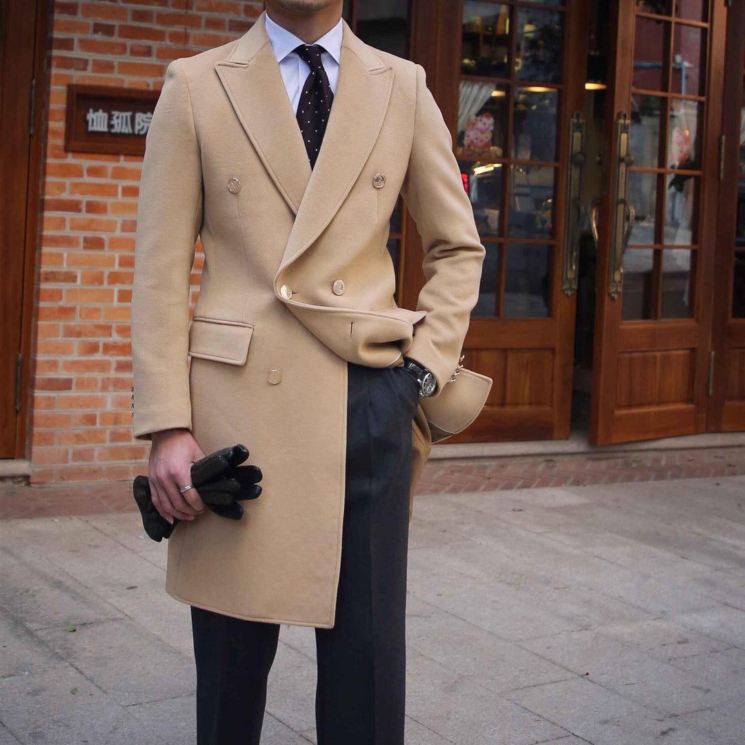 Khaki wool double-breasted coat with notch lapels, slim fit, front view