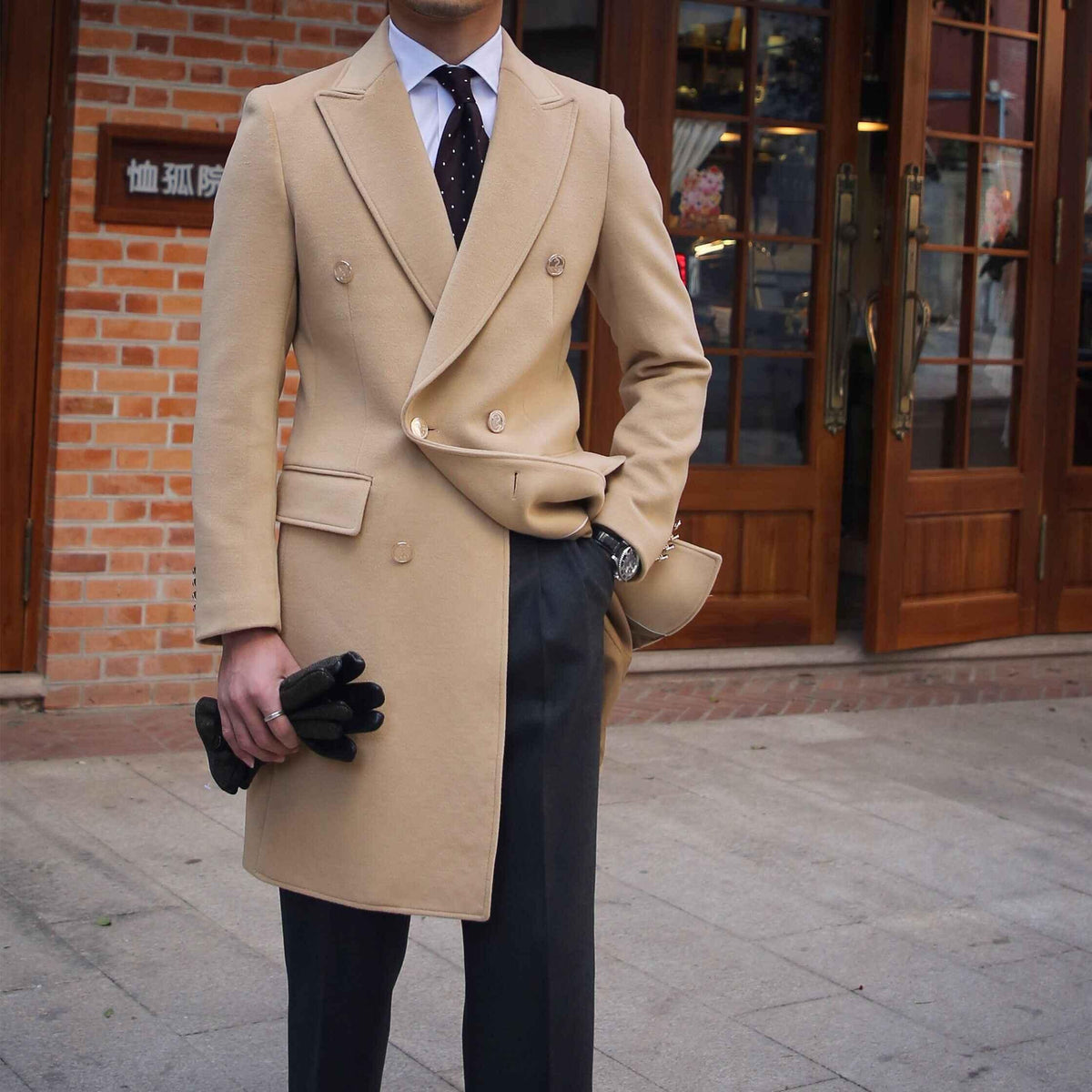 Khaki wool double-breasted coat with notch lapels, slim fit, front view