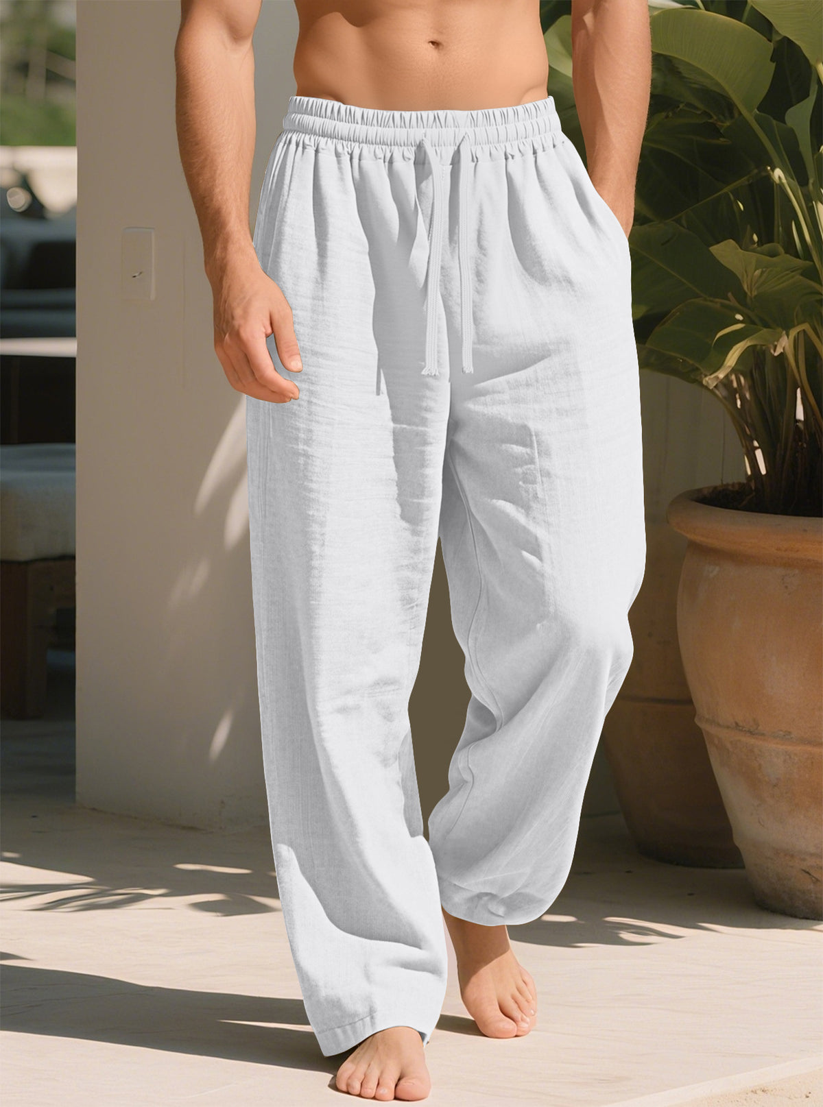 White plus size loose straight trousers with elastic waistband and drawstring