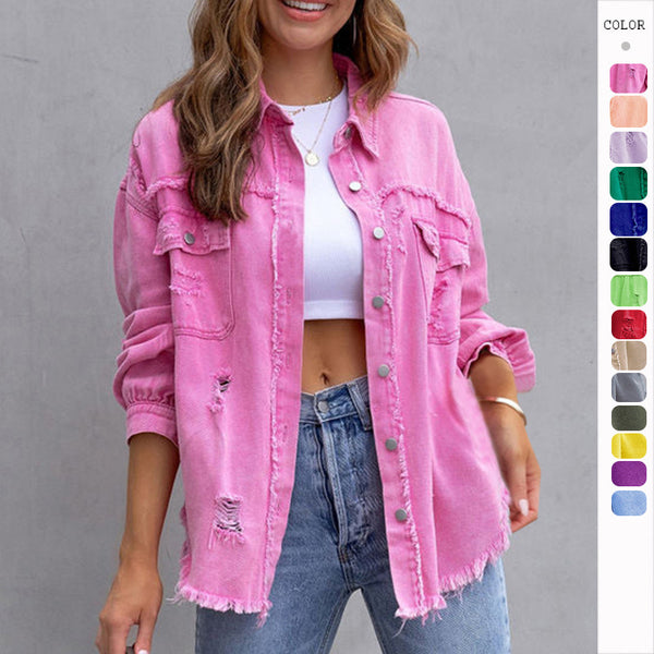 Fashion Ripped Shirt Jacket Female - WOMONA.COM