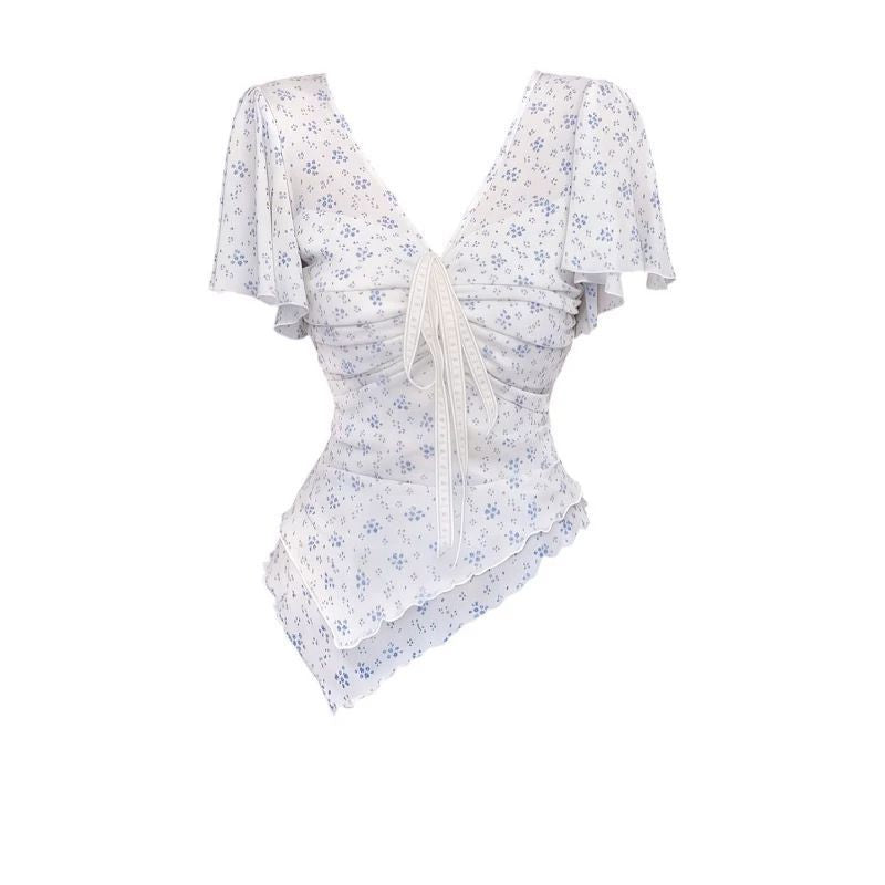 Light blue printed ruched V-neck short-sleeve dress with flutter sleeves