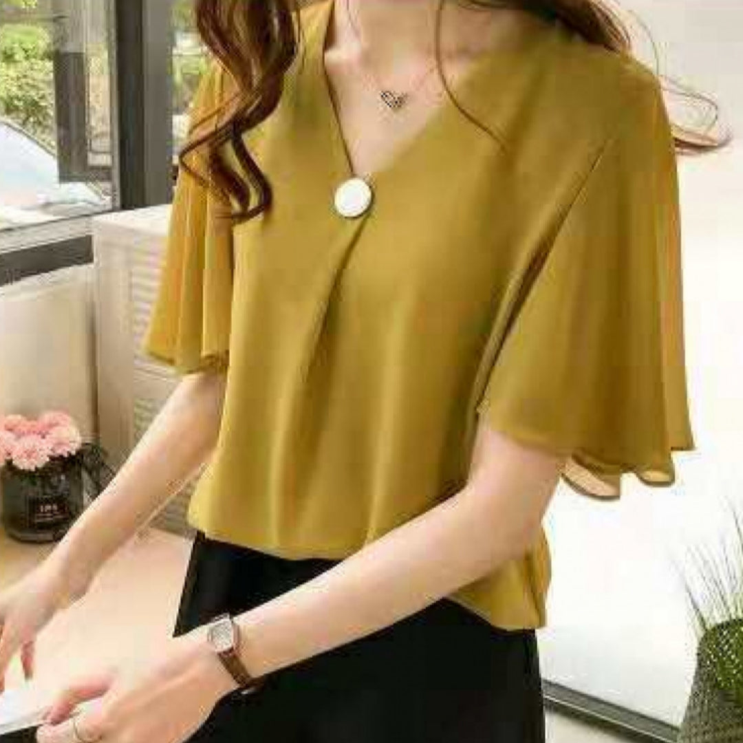 Yellow chiffon V-neck blouse with front button and flared short sleeves